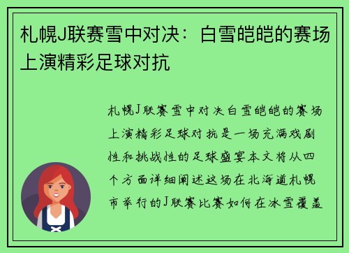 札幌J联赛雪中对决：白雪皑皑的赛场上演精彩足球对抗