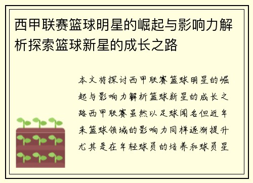 西甲联赛篮球明星的崛起与影响力解析探索篮球新星的成长之路