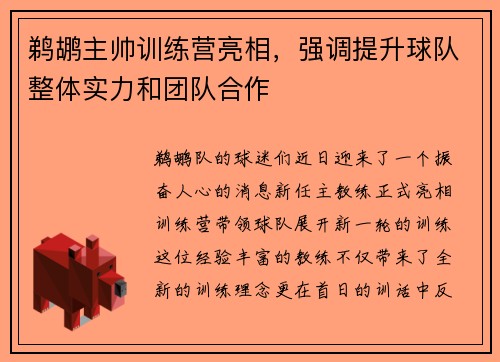 鹈鹕主帅训练营亮相，强调提升球队整体实力和团队合作
